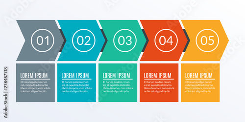 5 steps business process. Timeline infographic with arrows and 5 elements, options or levels for flowchart, presentation, layout, progress chart, workflow. Vector illustration.