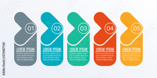 5 steps business process. Timeline infographic with arrows and 5 elements, options or levels for flowchart, presentation, layout, progress chart, workflow. Vector illustration.