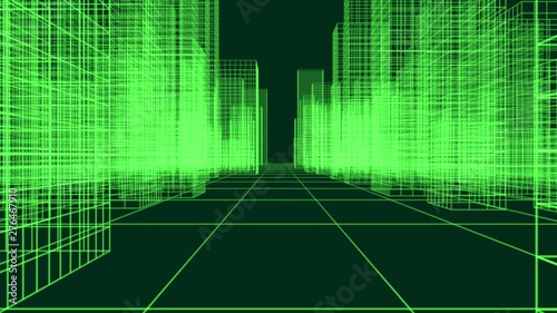 Movement through virtual wireframe city. Seamless loop