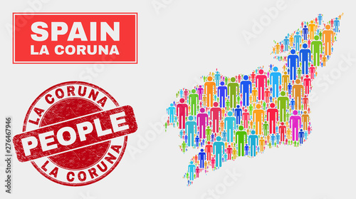 Demographic La Coruna Province map abstraction. People bright mosaic La Coruna Province map of crowd, and red rounded scratched seal. Vector combination for population audience representation.