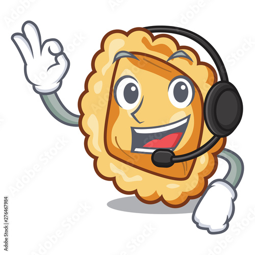With headphone ravioli on the a mascot table