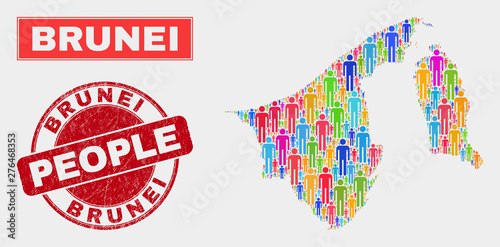 Demographic Brunei map illustration. People color mosaic Brunei map of persons, and red round corroded stamp. Vector combination for nation mass representation.