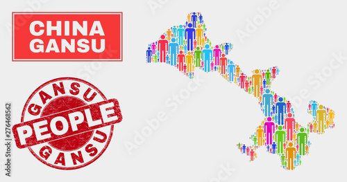 Demographic Gansu Province map abstraction. People colorful mosaic Gansu Province map of crowd, and red rounded grunge stamp. Vector composition for nation public representation.