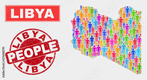 Demographic Libya map abstraction. People color mosaic Libya map of humans, and red round rubber stamp seal. Vector composition for national public representation.
