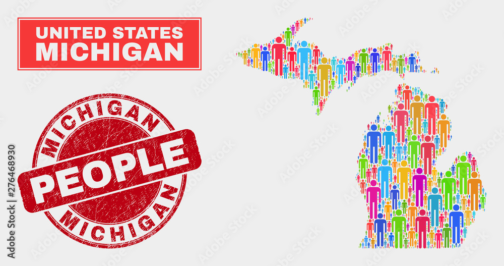 Demographic Michigan State map abstraction. People bright mosaic Michigan State map of humans, and red rounded unclean watermark. Vector composition for population public representation. Demographic Michigan State map abstraction. People bright mosaic Michigan State map of humans, and red rounded unclean watermark. Vector composition for population public representation.