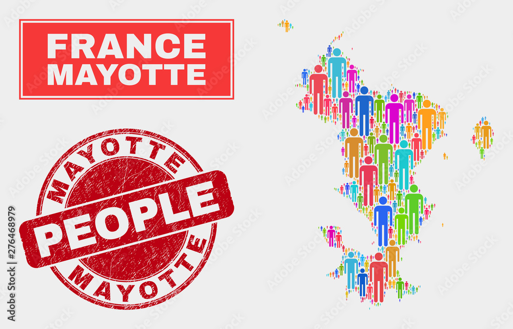 Demographic Mayotte Islands map illustration. People colorful mosaic Mayotte Islands map of humans, and red rounded corroded watermark. Vector collage for national group presentation. Demographic Mayotte Islands map illustration. People colorful mosaic Mayotte Islands map of humans, and red rounded corroded watermark. Vector collage for national group presentation.