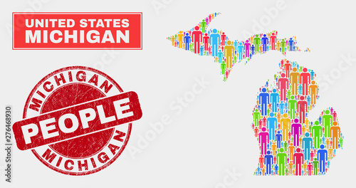 Demographic Michigan State map abstraction. People bright mosaic Michigan State map of humans, and red rounded unclean watermark. Vector composition for population public representation.