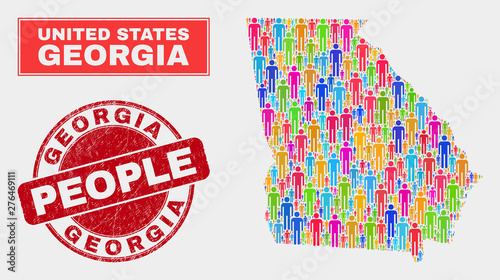 Demographic Georgia State map illustration. People colorful mosaic Georgia State map of humans, and red round grunge stamp seal. Vector combination for nation mass representation.