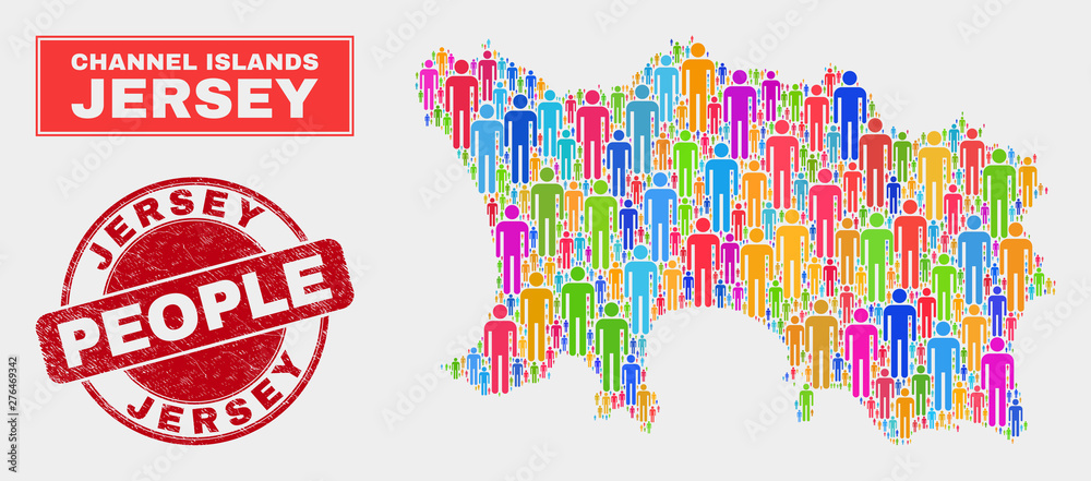 Demographic Jersey Island map illustration. People colorful mosaic Jersey Island map of humans, and red rounded dirty stamp. Vector collage for nation audience report.