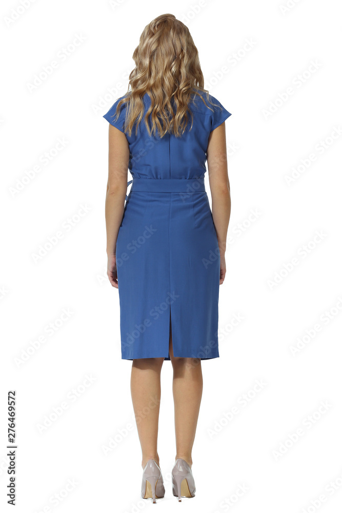 young caucasian business woman executive posing in summer midi blue dress high heels stiletto shoes full body length young caucasian business woman executive posing in summer midi blue dress high heels stiletto shoes full body length