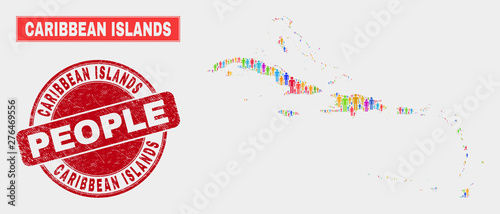 Demographic Caribbean Islands map abstraction. People color mosaic Caribbean Islands map of humans, and red rounded dirty stamp seal. Vector combination for nation mass presentation.