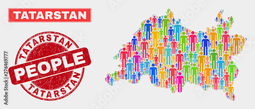 Demographic Tatarstan map illustration. People color mosaic Tatarstan map of guys, and red rounded dirty seal. Vector composition for population group report.