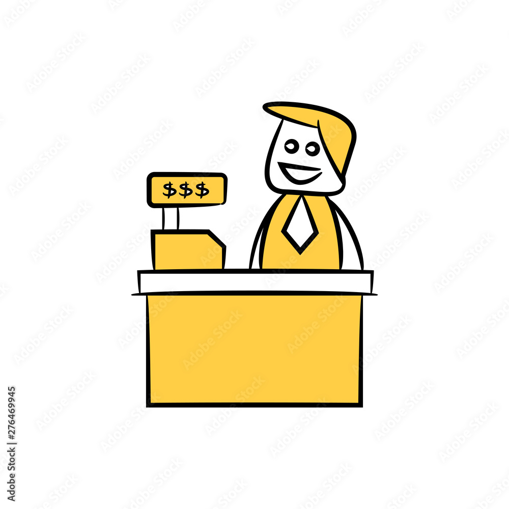 doodle stick figure businessman sitting with cashier machine