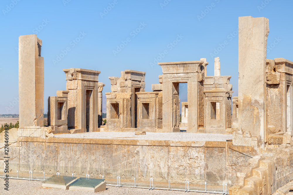 Unusual view of ruins of the Tachara Palace, Persepolis, Iran