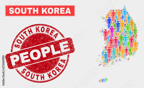 Demographic South Korea map illustration. People color mosaic South Korea map of persons, and red rounded textured stamp seal. Vector combination for national mass report.