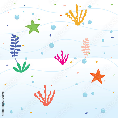 Undersea cartoon background. Marine Life Landscape, The ocean and underwater world with different inhabitants