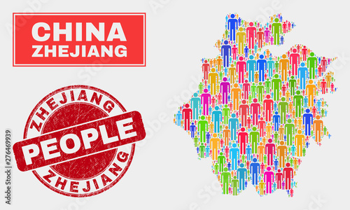 Demographic Zhejiang Province map abstraction. People bright mosaic Zhejiang Province map of persons, and red round unclean stamp. Vector composition for national group report.