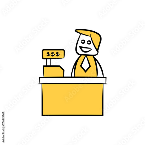 doodle stick figure businessman sitting with cashier machine