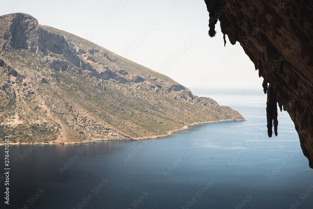 Telendos Island seen from the Grande Grotta cave in Kalymnos, Greece