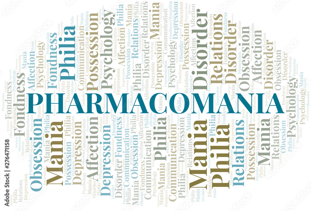 Obraz premium Pharmacomania word cloud. Type of mania, made with text only.