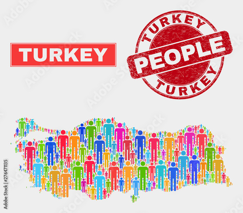 Demographic Turkey map abstraction. People bright mosaic Turkey map of crowd, and red rounded scratched stamp. Vector composition for population audience report.