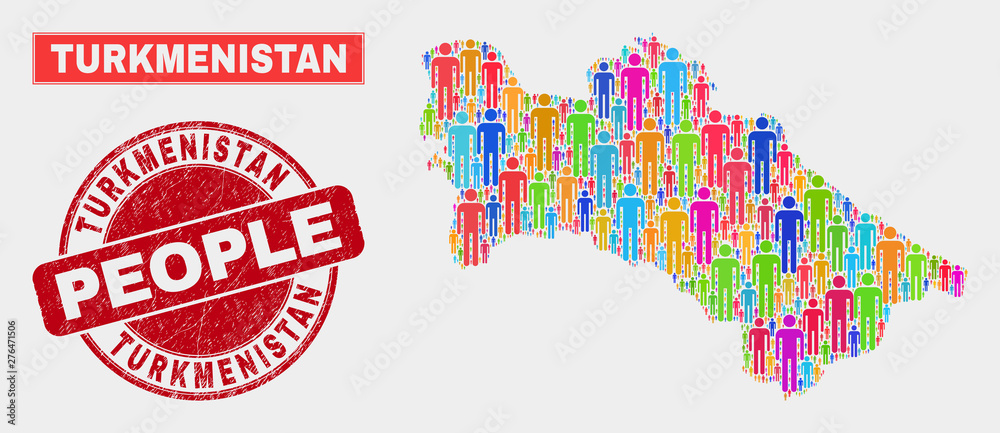 Demographic Turkmenistan map illustration. People colorful mosaic Turkmenistan map of humans, and red round grunge watermark. Vector combination for population audience representation.