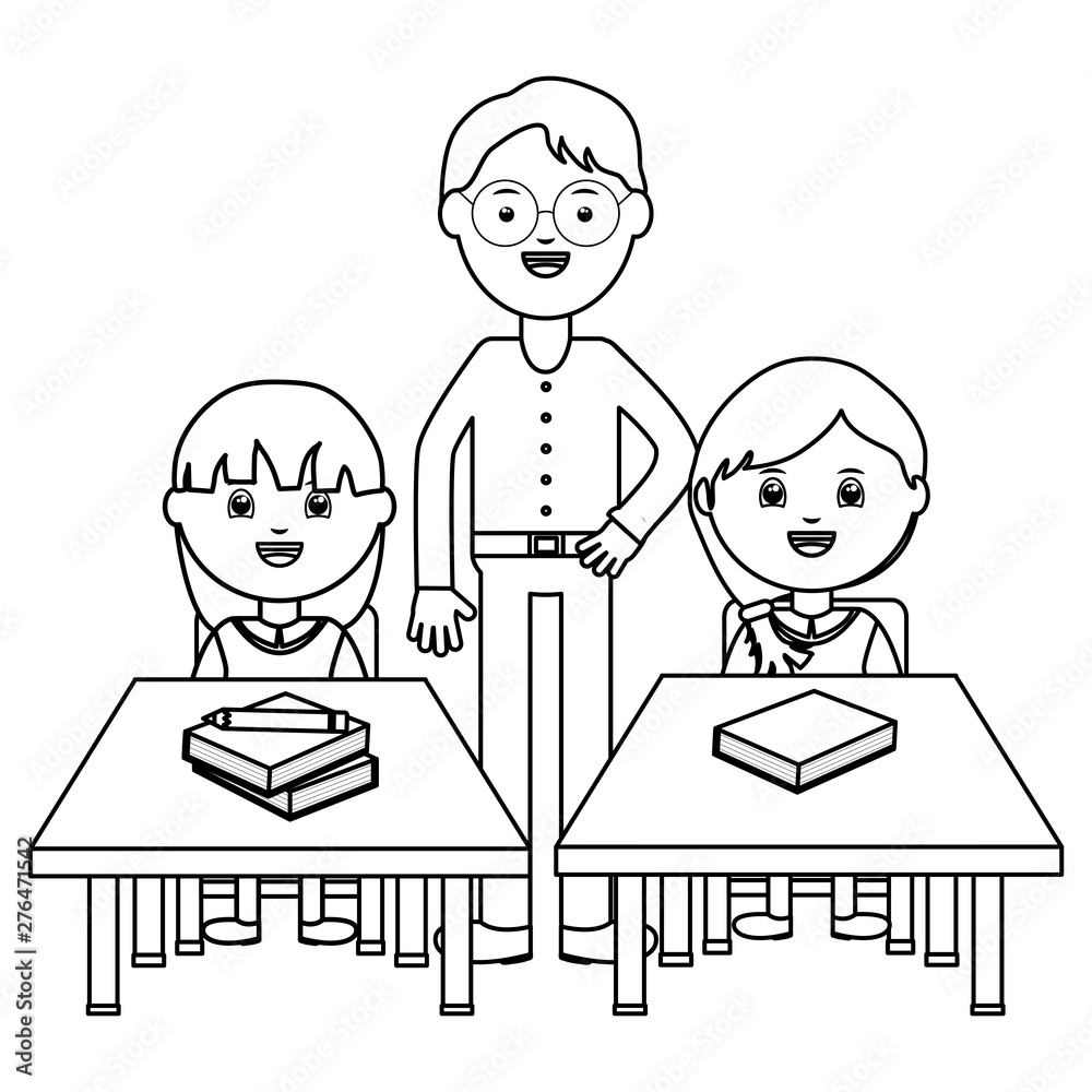 cute little students girls seated in schooldesks with male teacher