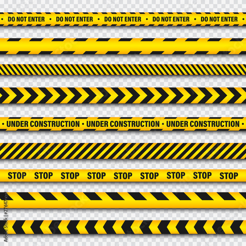 Yellow And Black Barricade Construction Tape On Transparent Background. Police Warning Line. Brightly Colored Danger or Hazard Stripe. Vector illustration. © 32 pixels