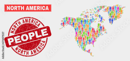 Demographic North America map illustration. People color mosaic North America map of guys, and red rounded corroded seal. Vector composition for population public report.
