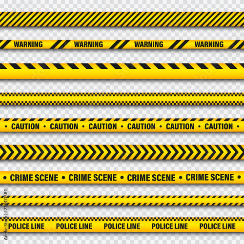 Yellow And Black Barricade Construction Tape On Transparent Background. Police Warning Line. Brightly Colored Danger or Hazard Stripe. Vector illustration. © 32 pixels