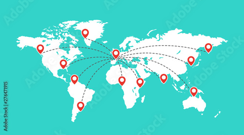 World map with red pointer marks. Globe communication concept. Location pins on travel map