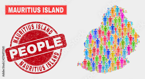 Demographic Mauritius Island map abstraction. People color mosaic Mauritius Island map of men, and red round rubber seal. Vector collage for nation mass report.