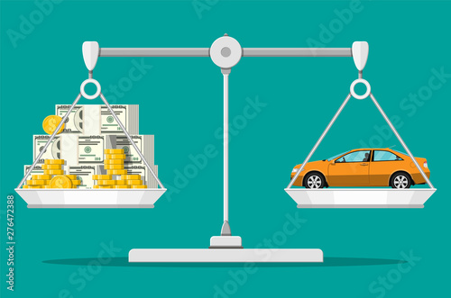 Balance scales with money and car. Dollar stacks and gold coins, vehicle purchase concept. Vector illustration in flat style