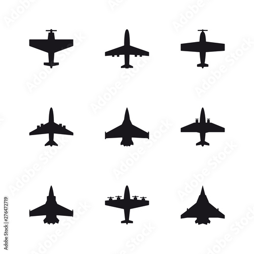 Airplane symbols set. Aircraft, plane, jet black icons.