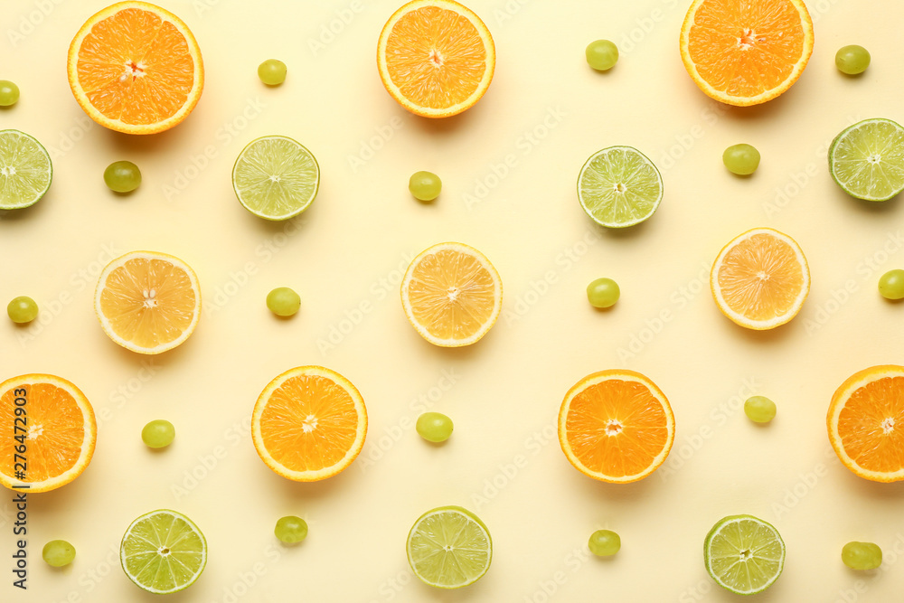 Many different fruits on color background Many different fruits on color background