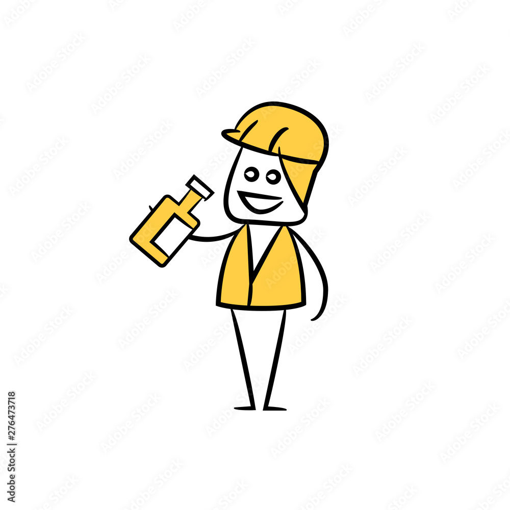 engineer holding bottle, doodle stick figure design