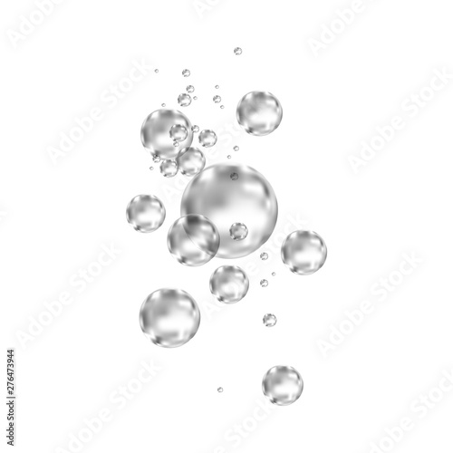 Underwater black fizzing air bubbles on white background.