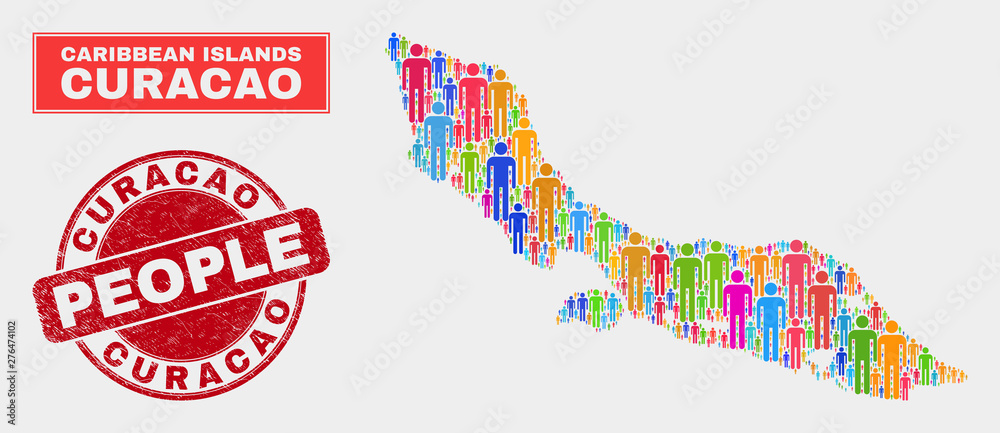 Demographic Curacao Island map abstraction. People color mosaic Curacao Island map of crowd, and red rounded scratched stamp seal. Vector collage for nation audience representation. Demographic Curacao Island map abstraction. People color mosaic Curacao Island map of crowd, and red rounded scratched stamp seal. Vector collage for nation audience representation.