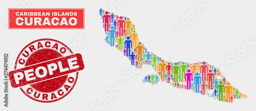 Demographic Curacao Island map abstraction. People color mosaic Curacao Island map of crowd, and red rounded scratched stamp seal. Vector collage for nation audience representation.