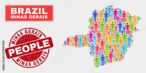 Demographic Minas Gerais State map illustration. People bright mosaic Minas Gerais State map of humans, and red round textured stamp. Vector combination for population group presentation.