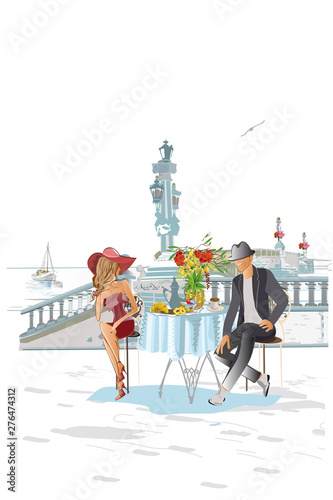 Series of colorful street views with fashion people in the old city near the sea. Hand drawn vector  background with well grouped elements. Street musicians.