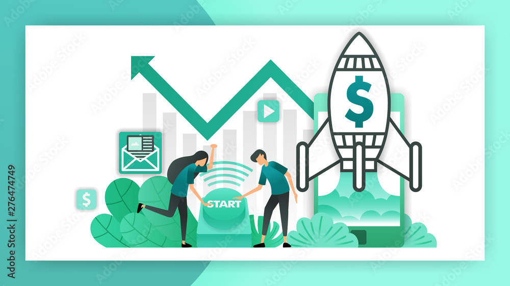 how to start a business. entrepreneurs and investors who push the button to start a business. startup company with rocket launching. vector illustration concept for landing page ui web mobile poster how to start a business. entrepreneurs and investors who push the button to start a business. startup company with rocket launching. vector illustration concept for landing page ui web mobile poster