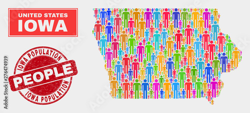 Demographic Iowa State map illustration. People colorful mosaic Iowa State map of humans, and red rounded grunge seal. Vector combination for population community presentation.