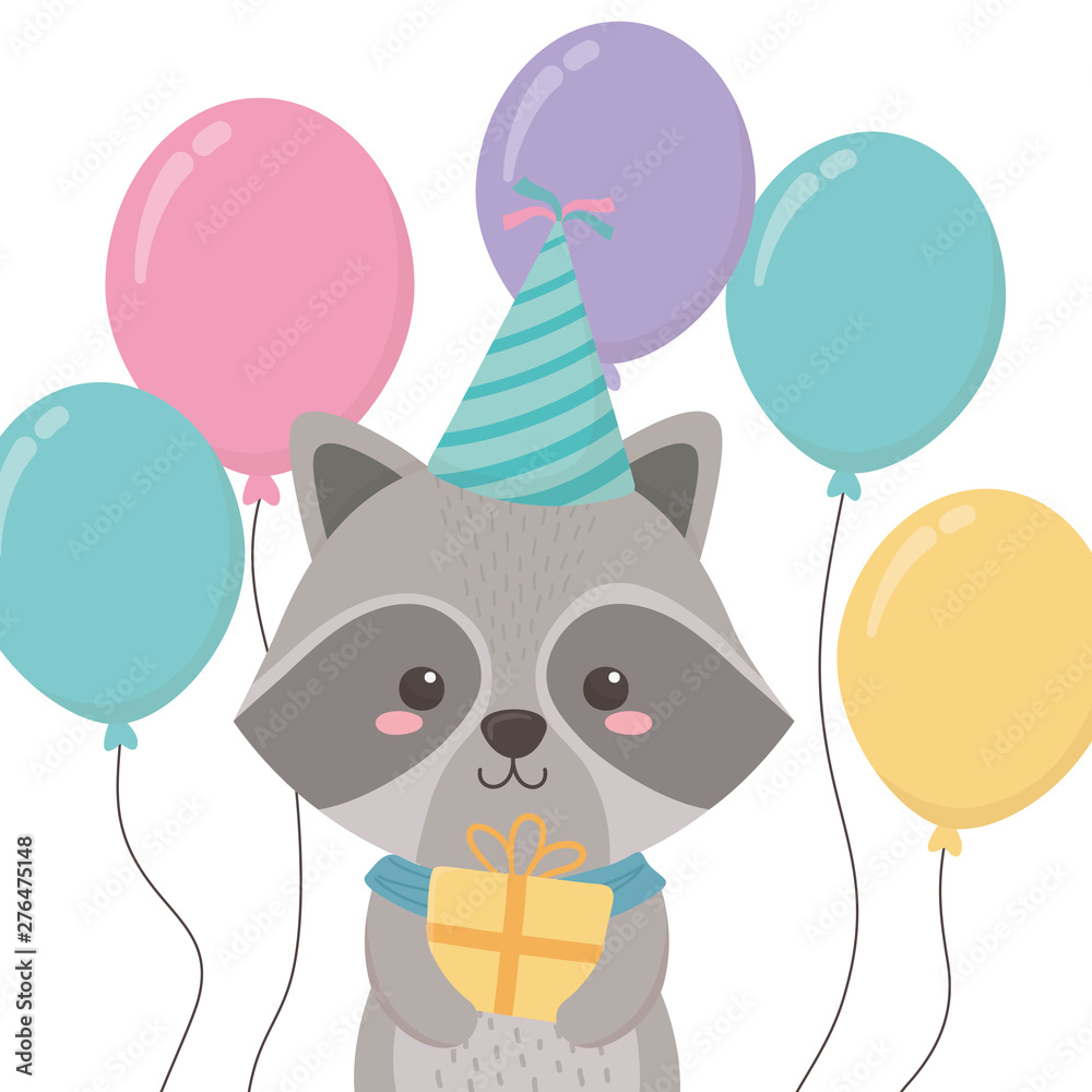 Raccoon cartoon with happy birthday icon design