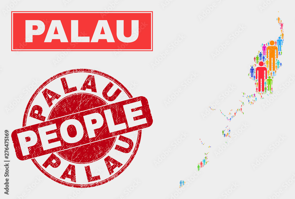 Demographic Palau map abstraction. People bright mosaic Palau map of men, and red rounded grunge seal. Vector composition for population public report. Demographic Palau map abstraction. People bright mosaic Palau map of men, and red rounded grunge seal. Vector composition for population public report.