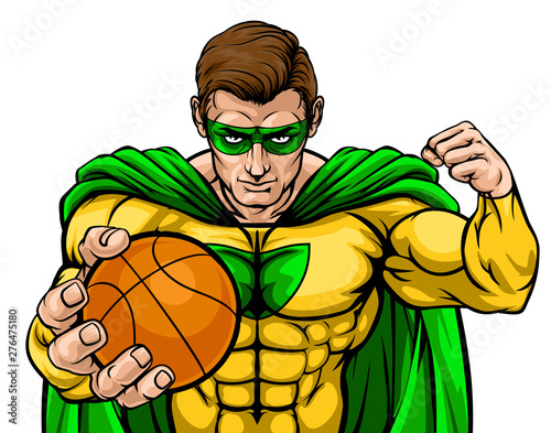 A superhero basketball sports mascot holding a ball