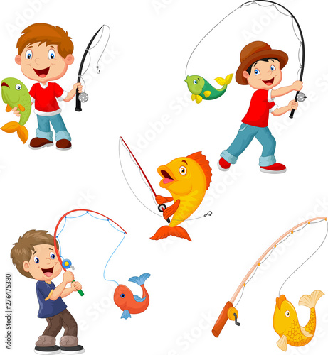 Set of little boys fishing