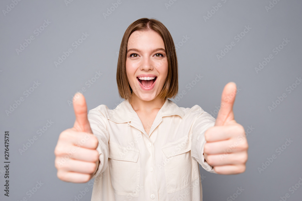 Portrait of funny funky lady have adverts recommend advise discount give feedback feel rejoice wear modern clothes isolated grey argent background Portrait of funny funky lady have adverts recommend advise discount give feedback feel rejoice wear modern clothes isolated grey argent background