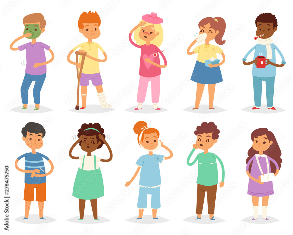 Sick kids child with headache and temperature and children catching a cold or flu illustration set of sickness or illness isolated on white background Sick kids child with headache and temperature and children catching a cold or flu illustration set of sickness or illness isolated on white background