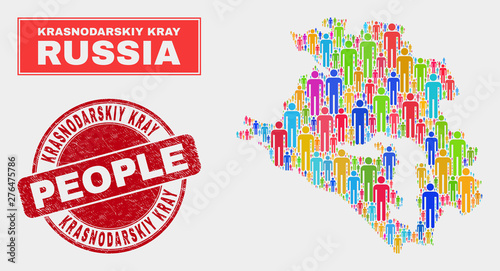 Demographic Krasnodarskiy Kray map abstraction. People colorful mosaic Krasnodarskiy Kray map of persons, and red rounded dirty watermark. Vector combination for population audience plan.